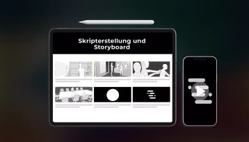 Auf diesem Bild sieht man ein Mockup eines Tablets mit einem Storyboard und ein Handy Mockup mit dem Erklärvideo aus dem Storyboard