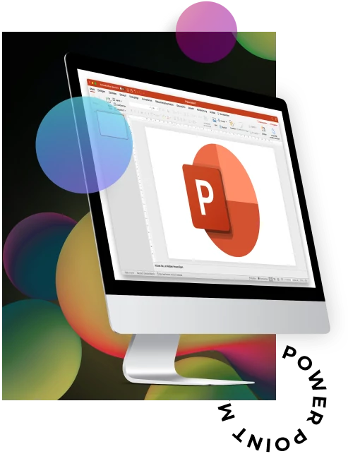Auf diesem Bild sieht man ein Mockup eines eines iMacs mit einer PowerPoint Folie