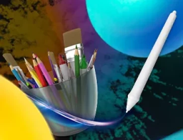 Auf diesem Bild sieht man eine Farbexplosion, Stifte und einen Grafik Tablet Stift